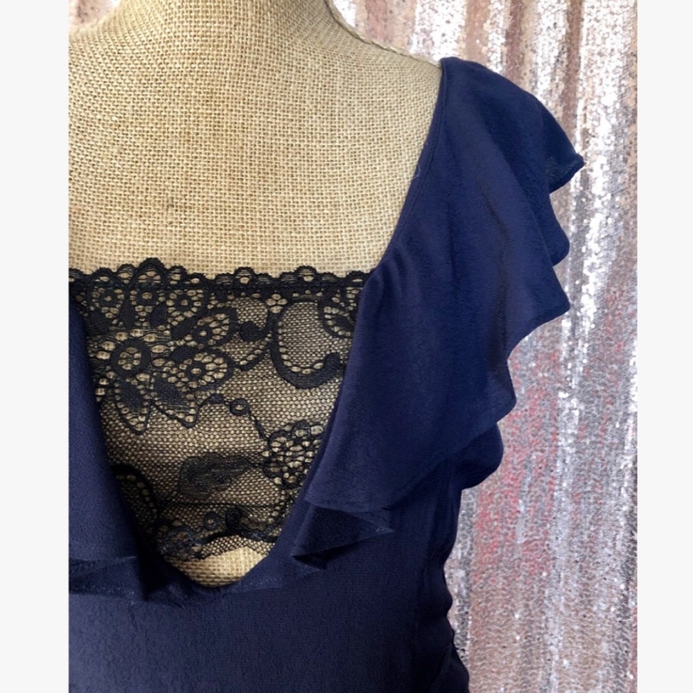 Navy Blue & Black Lace Plunging Double Split Hem Midi Slip Dress - Picture 4 of 10
